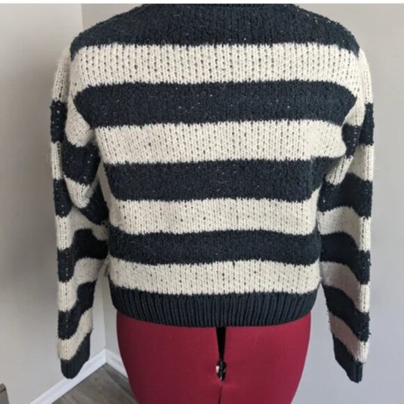 ZARA Navy/Off White Chunky Fuzzy Striped Cropped Cardigan Sz Small EUC - Picture 3 of 8